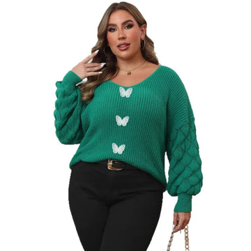 Fashion Women's Sweater Pineapple Sleeve Splicing Deep V Woven Base Shirt Three-dimensional Lace Butterfly Splicing Pullover Top