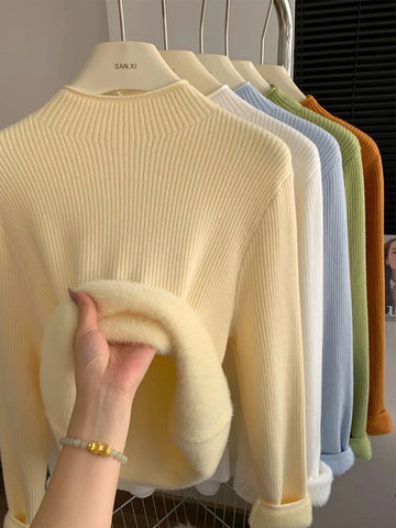 New Autumn Winter Warm Fleece Femme Stand Collar Sweaters Long Sleeve Slim Oversize Women's High Elastic Knit Basic Tops