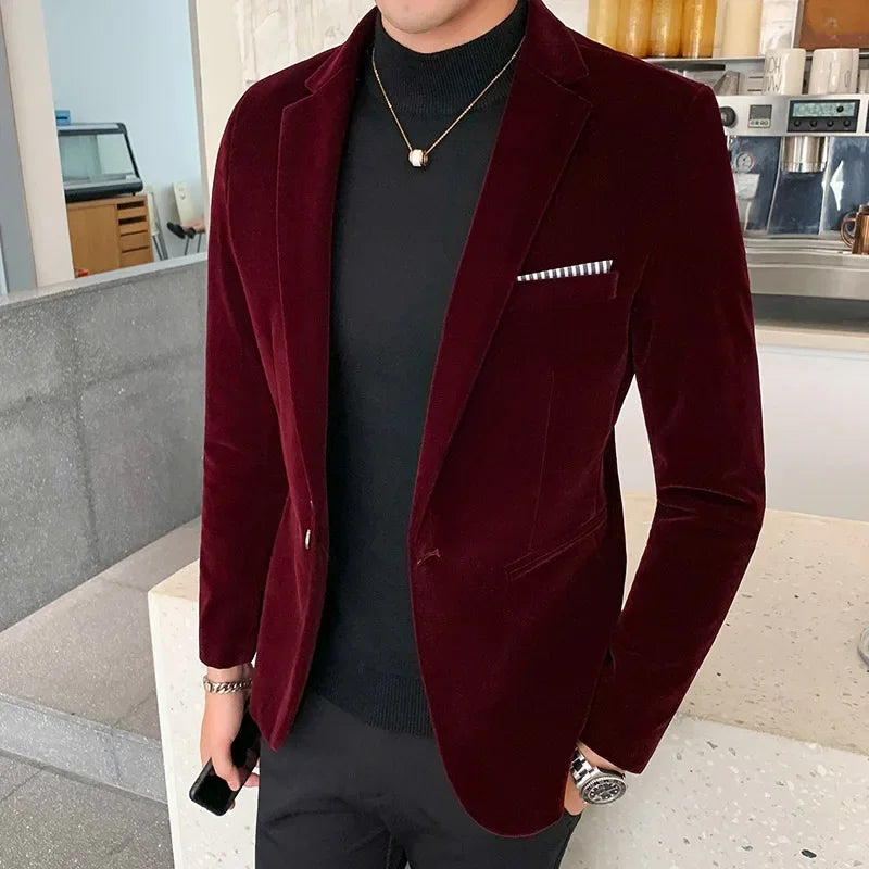 2024 Autumn Men Slim Blazer Formal Wear Dress Burgundy Velvet Blazers Male Fashion Casual Suits Jackets