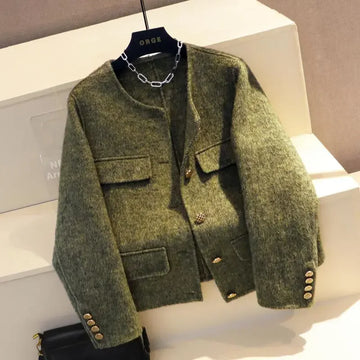 2026 Autumn Winter New Double-Sided Woolen Jacket Fashion Temperament O-Neck Single Breasted Short Coat Female Slim Tops T1550