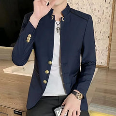 2024 Spring New Men's Stand Collar Casual Suit Jackets Youth Fashion Solid Color Stitching Three Button Mens Blazer Coats