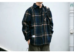 Japanese Vintage Plaid Thick Cargo Shirts For Men Clothing Harajuku High Quality Casual Coat Korean Streetwear Loose Shirt Male