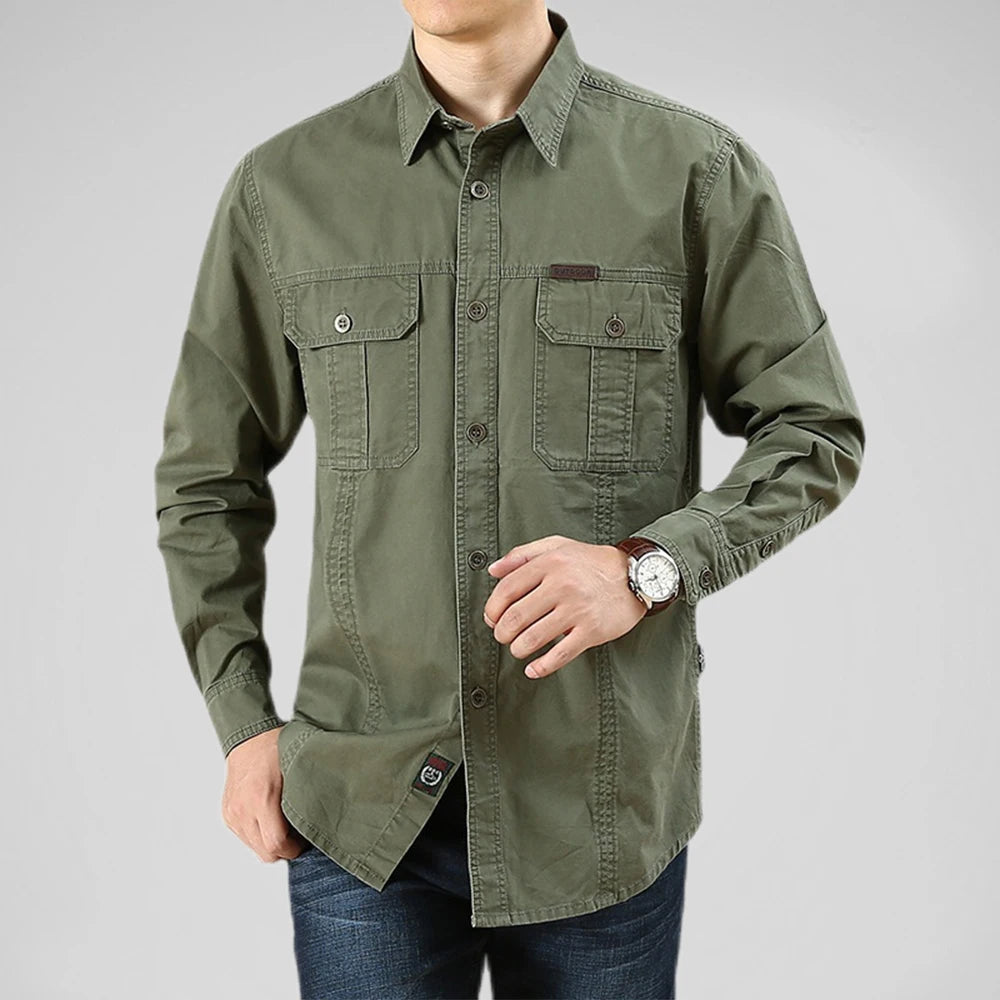 100% Cotton Men's Shirt Solid Color Multi-Pocket High Quality Cargo Shirts Fashion Outdoor Casual Long Sleeve Shirts For Men New