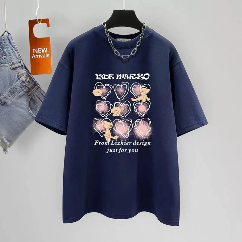 Women's Clothing Chic Love Print Sweet T-shirt Summer Casual Loose Oversized Short Sleeve Top Tee Lady Pure Cotton Y2k Pullovers