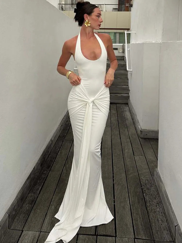 Mozision Halter Backless Ruched Sexy Maxi Dress Women Gown Fashion Sleeveless Backless Draped Bodycon Club Party Long Dresses