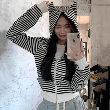 Cat Ears Striped Hoodies Women Spring Clothing Harajuku Girl Zipper Cardigan Hooded Sweatshirt Female Short Zip-Up Tops
