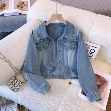 Spring Autumn New Vintage Blue Denim Coat Women Casual Lapel Long Sleeved Short Jeans Jacket Loose Outerwear Streetwear T1124