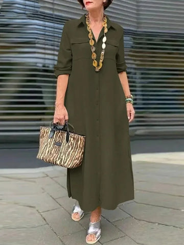 Autumn Women's New Elegant Solid Color Long Sleeved Fashionable Button Up Tie Pocket Plus Loose Casual Comfortable Dress