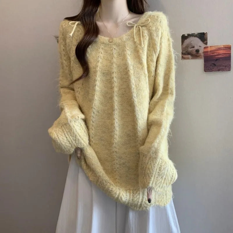 Bow Knot Korean Style Sweater 2025 New Slim Pullover Autumn Winter Top Temperament Loose