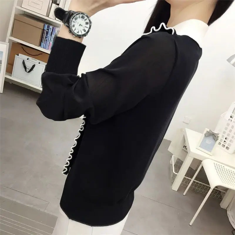 Autumn Winter Knitted Sweater Pullover Contrast Color Peter Pan Collar Women's Clothing Screw Thread Casual All-match Tops