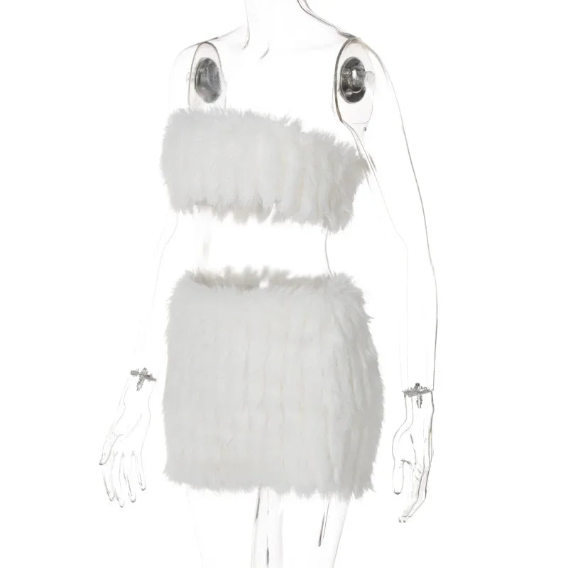 Faux Fur Women Sexy Ribbed Two Piece Set Solid White Strapless Crop Top Bodycon Mini Skirts Party Clubwear Suits Y2K Streetwear