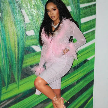 Sexy Two Peice Sets Women Birthday Outfits Mesh See Through Feathers Long Sleeve Top and Shorts Party Night Club Matching Sets