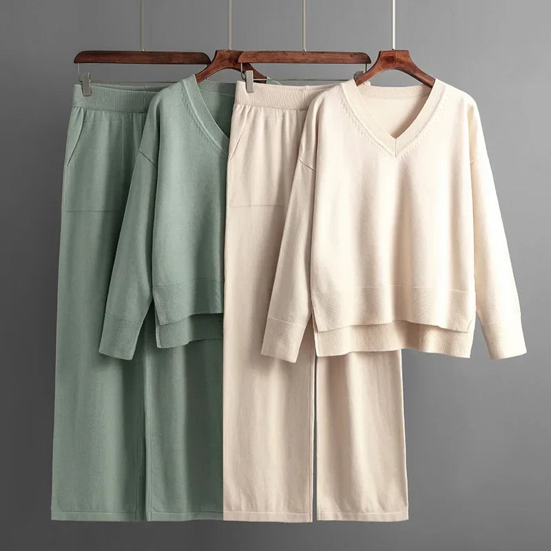 Women Knitted Suits Autumn Winter Pants Suit Loose Solid Color Pullover Knit Sweaters Tops Wide Leg Trousers Two Piece Set