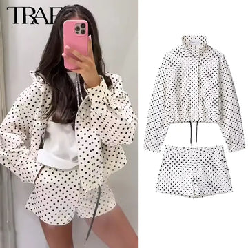 Polka Dot Shorts Jacket Set Women Loose Lapel Zipper Long Sleeved Coat Drawstring Short Pant 2025 Autumn Street Lady Suit