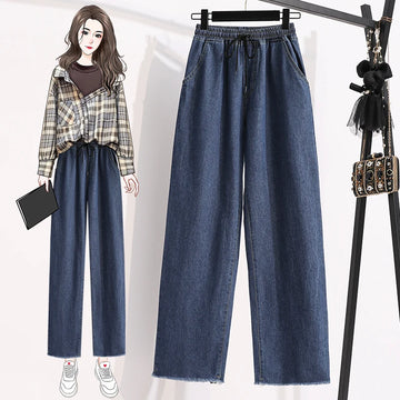 autumn Elastic drawstring High Waist Ankle-Length Straight Jeans Women loose Wide Leg Denim pants Casual Korean trousers R505