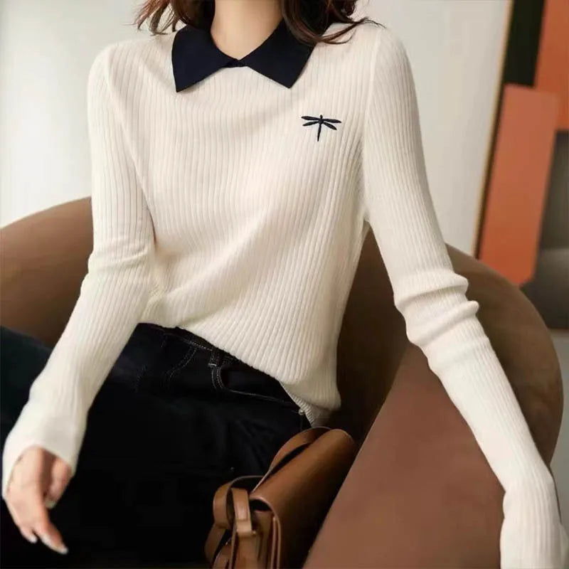 Autumn Winter New Chic Spliced Turn-down Collar Knit Pullover Women Clothing Fashion Slim Dragonfly Embroidery Sweater Sweet Top