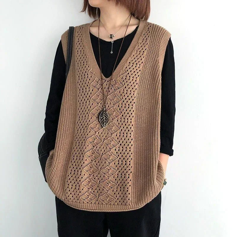 Thin Autumn Women Vintage Sleeveless Sweater Oversized Waistcoat Elegant Harajuku Knitted Vest Aesthetic Clothing Outwear