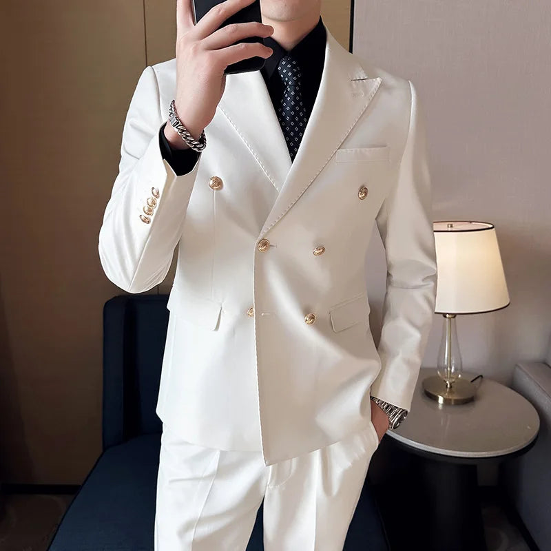 2023 (Blazer+ Pants) Men's Metal Fashion Business Double-breasted Korean Version Casual Gentleman Wedding Suit 2-piece Set