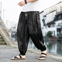 FGKKS 2023 Outdoor Brand Pants For Men Lce Silk Dragon Dark Flower Loose Bloomers High Quality Wide Leg Casual Pants Male