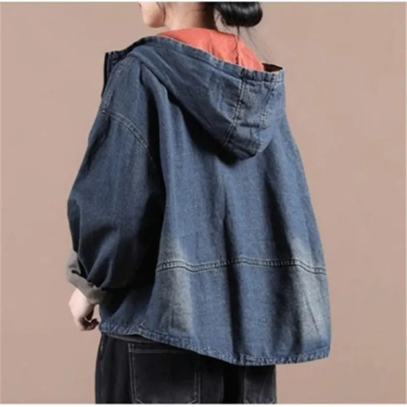Women Vintage Jeans Jacket Loose Korean Long-Sleeved Female Short Denim Coat Female Spring Autumn New Hooded Cowboy Outwear T908