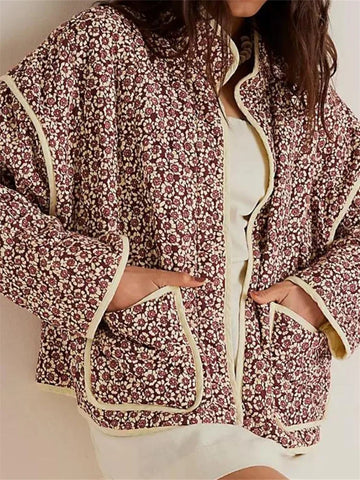 Womens Fall Winter Jackets Floral Print Stand Collar Open Front Quilted Coat Long Sleeve Padded Outerwear Vintage Casual