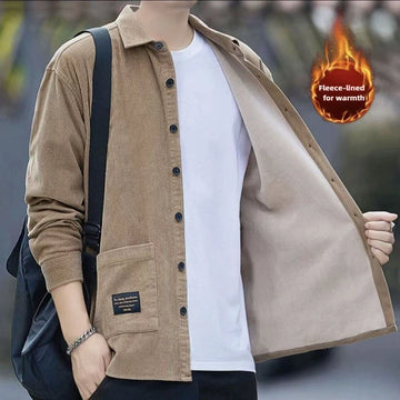 Men's Corduroy Textured Shirts Warm Daily Casual Long Sleeve Button Lapel Tops Thick Fleece Lining Thermal High Quality Coat