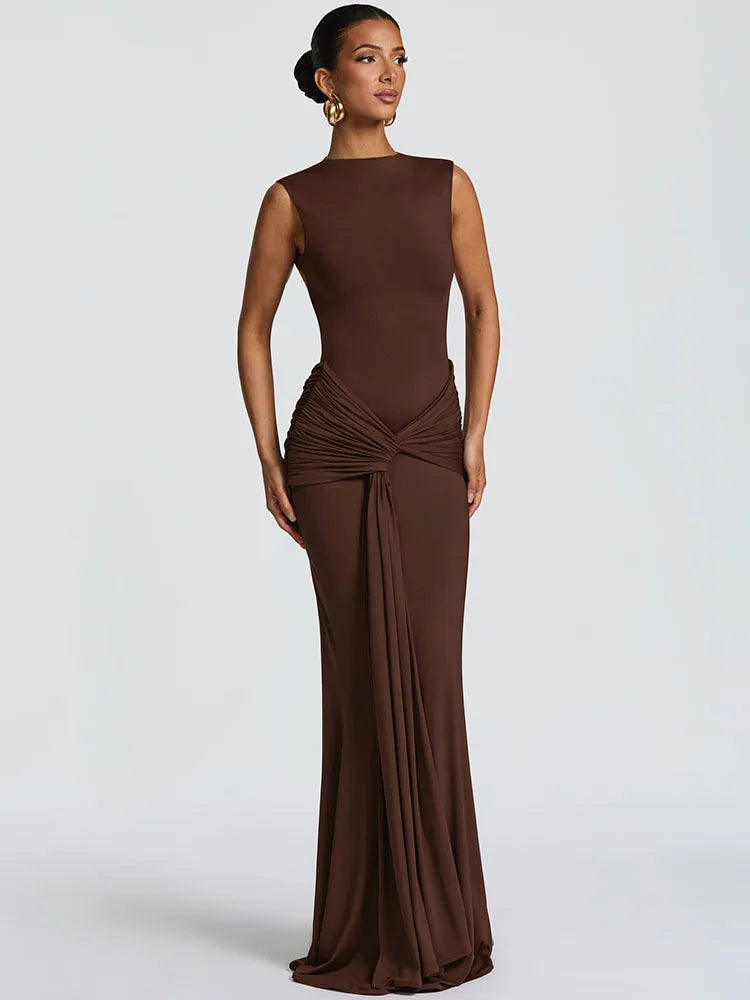 Mozision Backless Draped Ruched Sexy Maxi Dress Women Gown Elegant O Neck Sleeveless High Waist Skinny Club Party Long Dresses