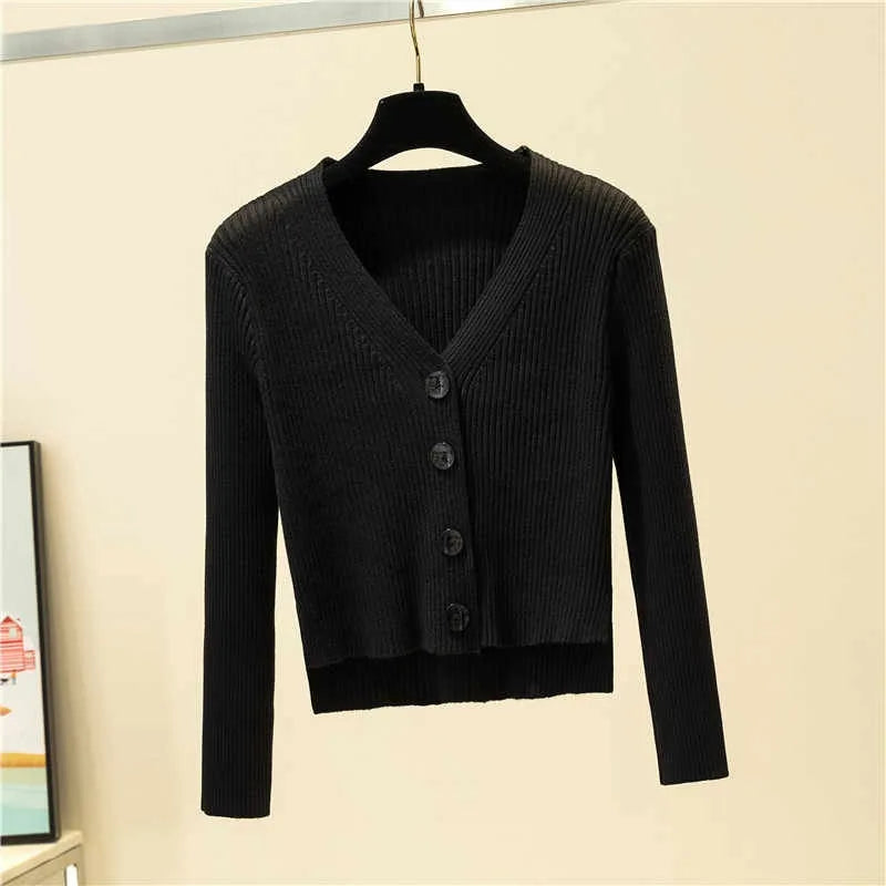 Knitted Sweater Women Cardigans New Long Sleeve V-Neck Black Knit Sweater Cardigan Women Tops Knitwears Sueters De Mujer Q1194
