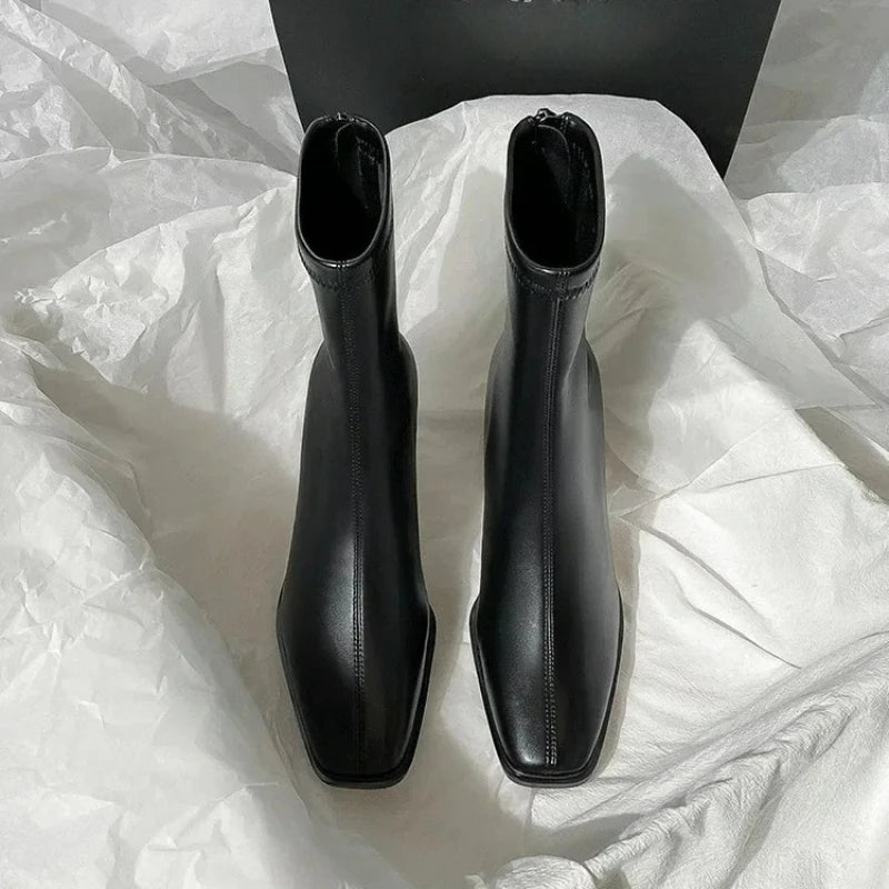 Women's Ankle Boots PU Leather Chelsea Boots Square Toe Zipper Female High Heels Fashion Warm Boot Luxury Thick Heel Women Boots