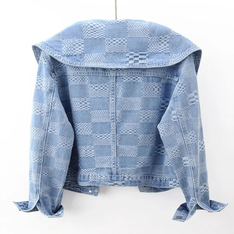 Women Denim Jacket Navy Collar Jacquard Fashion Long Sleeve Short Jeans Coat Female Korean Casual Loose Cowboy Outerwear T925