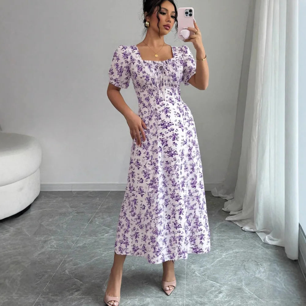 Women Dress Print Puff Sleeve Slim Fit Spliced Square Collar Long Dresses Ruffles Elegant Lady Vestidos A Line Casual 2025