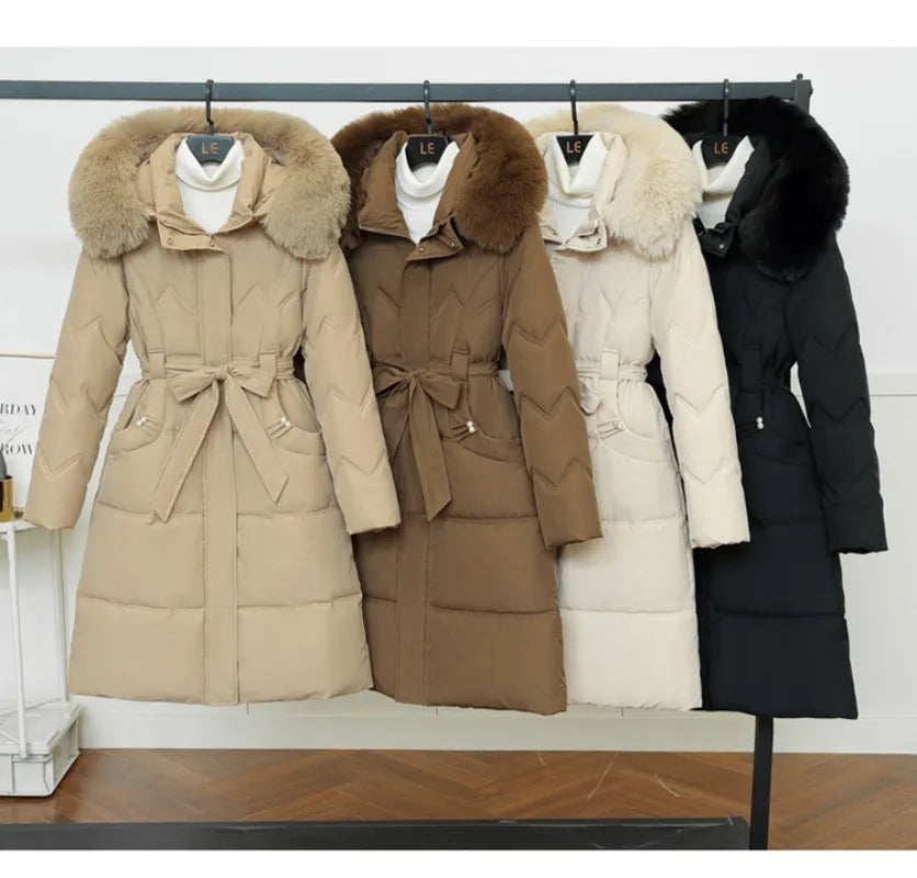 Women's Down Parkas Winter Jacket Big Fur Collar Thick Slim Coat Fashion Hooded Cotton Outerwear Long Winter Woman Coat