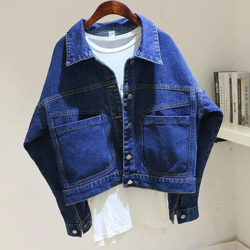 Vintage Women short Denim Jacket Spring Autumn new fashion big Pocket Single Breasted Lapel jeans Coat Female loose Outwear R574