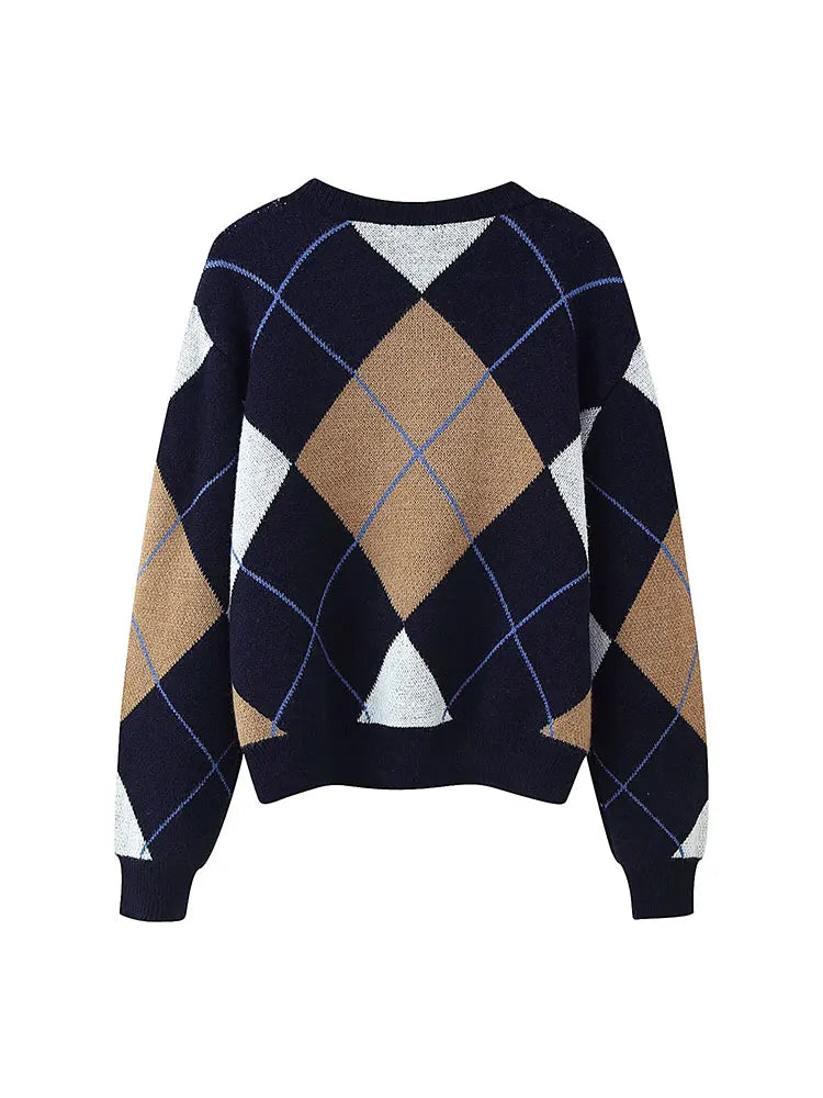 Nlzgmsj 2025 Autumn Winter Vintage Plaid Knit Sweaters Women Long Sleeve O Neck Loose Thick Tops Fashion Thick Warm Sweaters