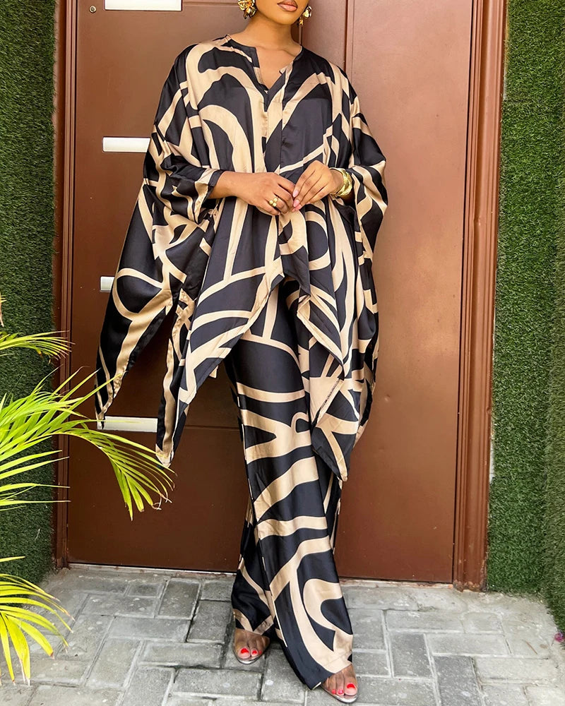Women's 2 Pieces Outfit Abstract Print Batwing Sleeve Asymmetrical Top and Casual Wide Leg Pants Set Shipped Within 48 Hours