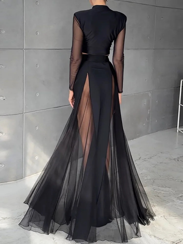 Women Spring Summer Short Top Fashion Outfit, Mesh Patchwork Simple Chic Solid Set, 2025 Maxi Skirts Elegant Sexy Ladies Suits
