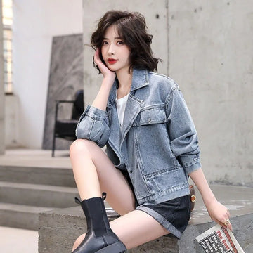 Vintage Short Denim Coat Women Fashion Spring And Autumn New Korean Suit Collar Jeans Jacket Female Loose Outerwear Tide T892