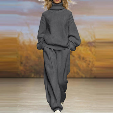 Comfortable Soft Sweater Solid Color Two Piece Loose Pocket Pants Set Basic High Collar Long Sleeve Top with Pants Set