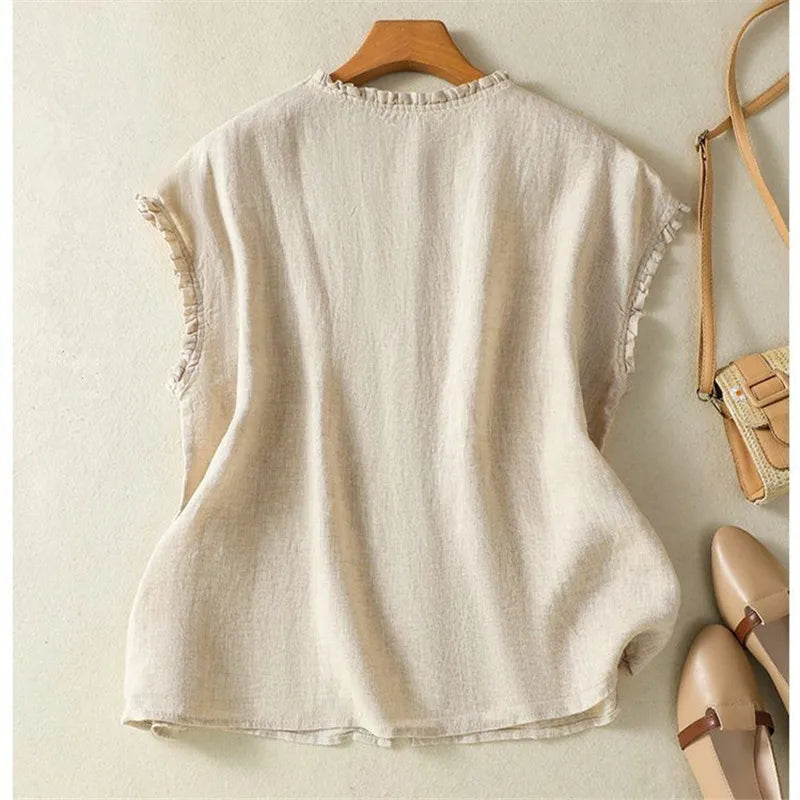 Cotton Linen Female Summer New Fashion Literary Elegant Leaf Rollar Sleeveless Jacket Women Cardigan Casual Waistcoat Tops T1329