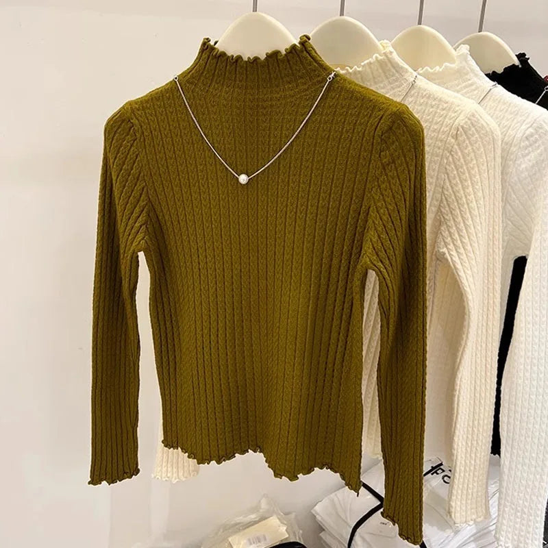 Knitted Sweater Women Pullovers New Long Sleeve Mock Neck White Knit Sweater Pullover Women Tops Sweaters Sueters De Mujer Q983