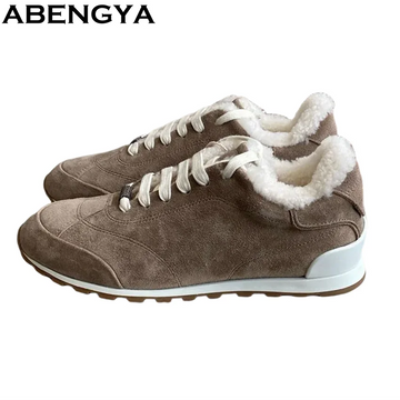 New Winter Wool Sneakers Women Suede Leather Lace Up Flat Casual Shoes For Women Mules Round Toe Bead Walk Fur Shoes Ladies
