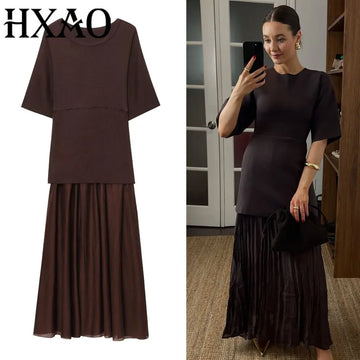 HXAO One Piece Women's Summer Dress Long Knitted Elegant Party Dresses Splicing Pleats Chiffon Short-Sleeved Casual Female Dress