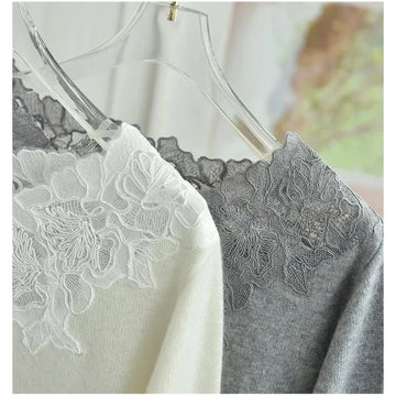 Elegant Floral Embroidery Hollowed Out Lace Patchwork Off Shoulder Top Sweater Autumn New Grey Beige Knitted Pulloverclothi