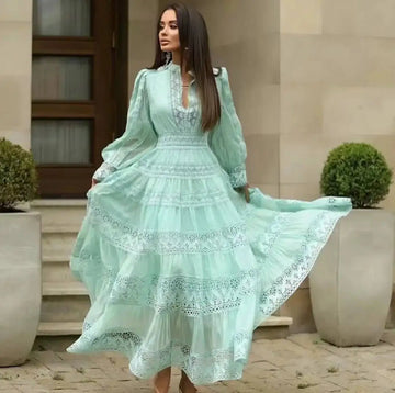 Quality Summer Autumn Lace Embroidery Cotton Muslim Evening Wedding Bridesmaids Dress Shirt Women Long Sleeve Maxi Party Vestido
