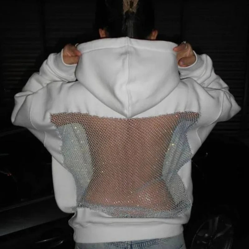 2026 New Style Fashion Personality Cool Personality Halter Cutout Mesh Hooded Sweater Women's Slim Long Sleeve Loose Top