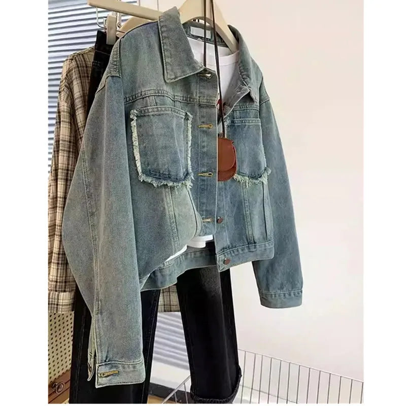 Spring And Autumn New Vintage Rough Edge Denim Jacket Female Long Sleeves Short Jeans Coat Women Loose Casual Outerwear T1204