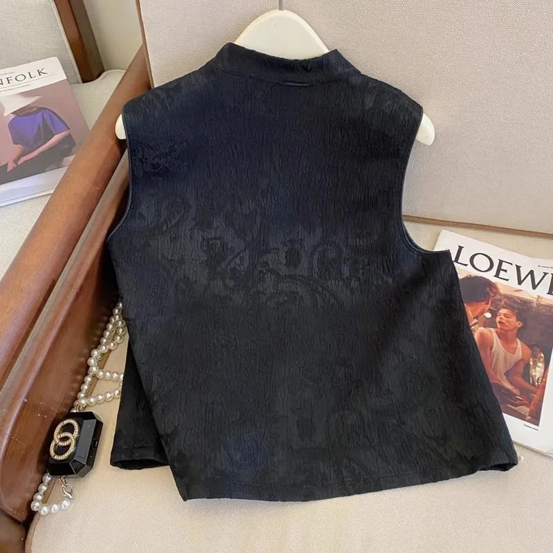 2025 New Spring Vintage Chinese Style Vest Women Jacquard Tops Temperament Waistcoat Loose Female Casual Sleeveless Jacket T1094