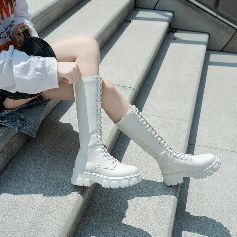 Women's Mid Calf Boots Padded Shoes Knee High Winter Sneakers Punk Style Military Casual White Black Lucury Platform Woman