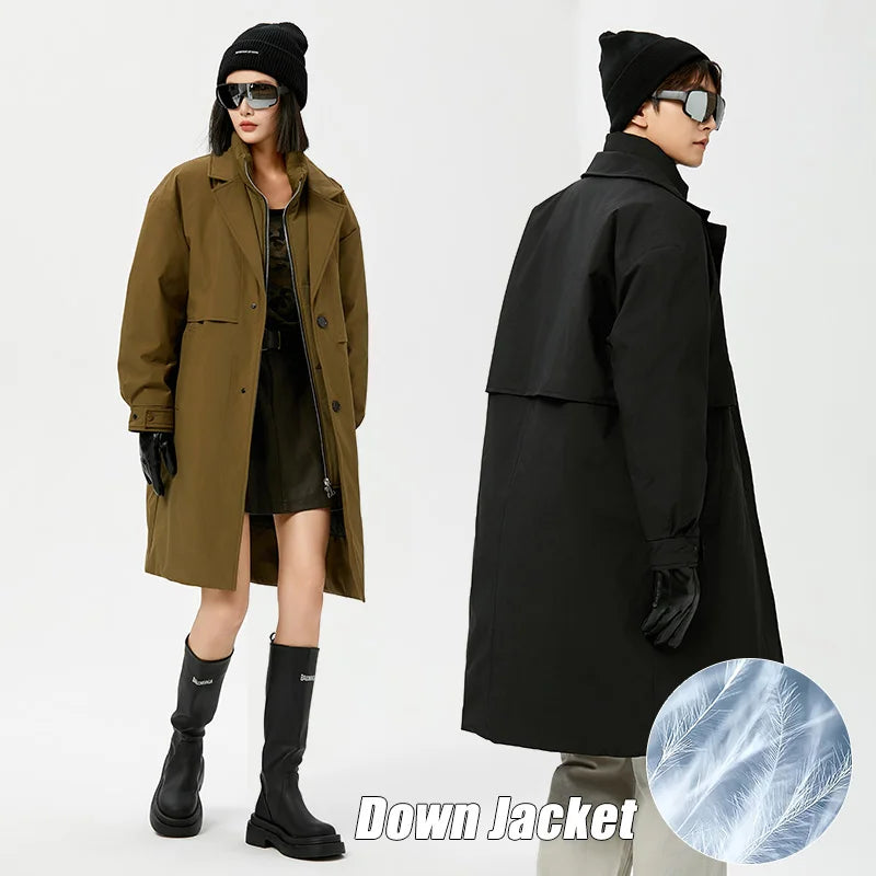 Winter Down Jacket Women Windbreaker Jacket Unisex Down Coat Warm Fake Two-Piece Two-Way Zipper Casual Loose Fit Men Winter Coat