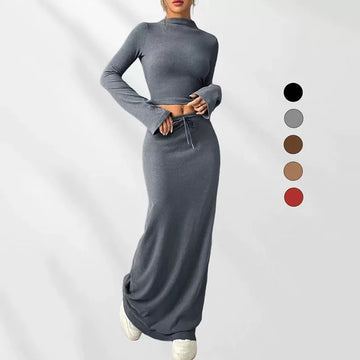 Elegant Slim Long Skirt Sets Women Fashion Half-High Collar Long Sleeve Top+Skirts Outfit Crop Tops Bodycon Skirt Two-Piece Suit